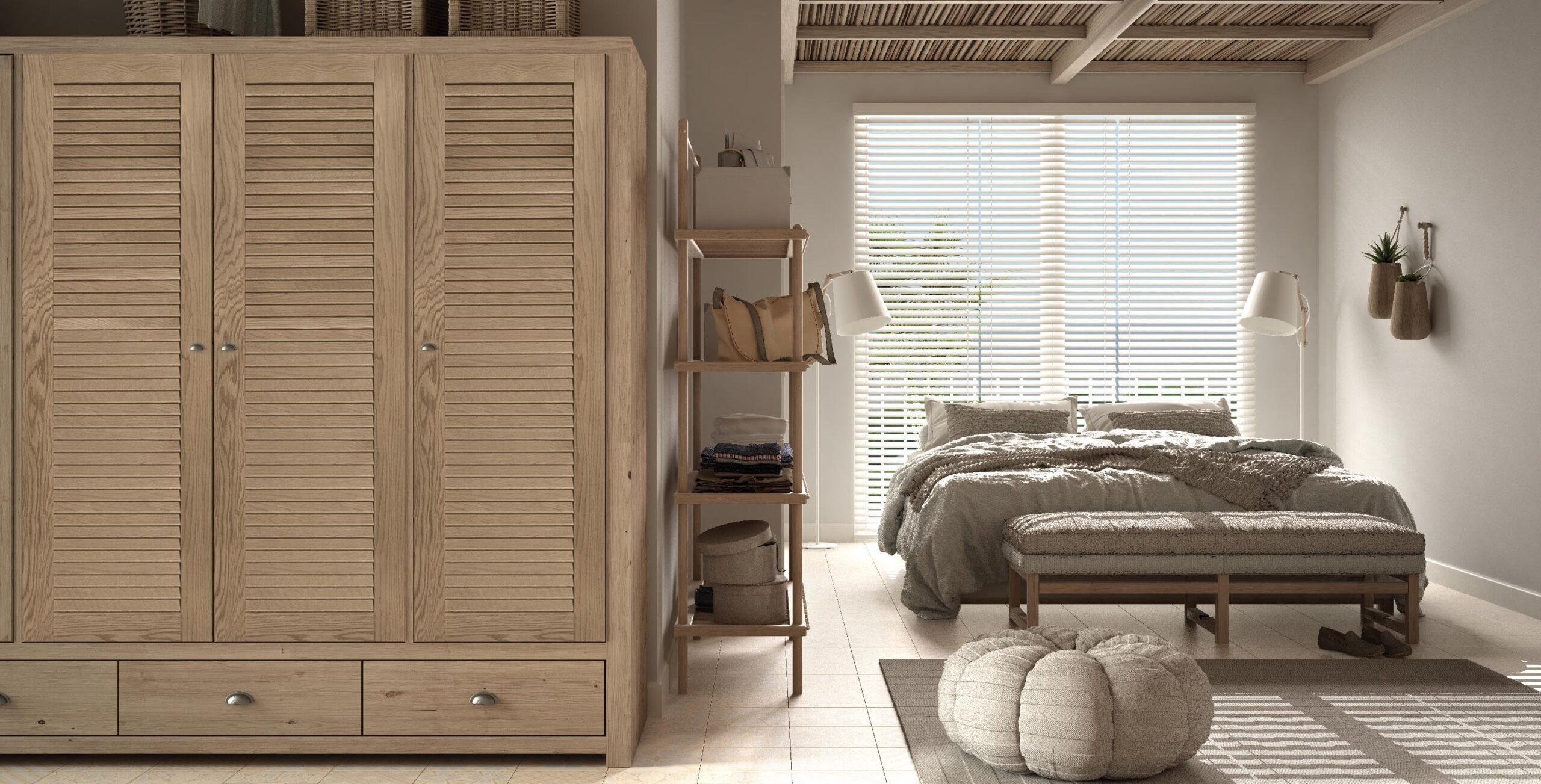 Cosy,Wooden,Peaceful,Bedroom,In,Beige,Tones,,Double,Bed,With